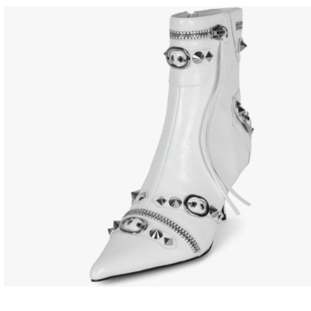 XYD White Ankle Boots Ultra Pointed Toe Kitten Low Heels Zipped Rivets Shoes